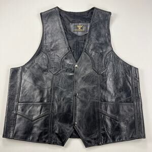 Full Grain Black Leather Biker Moto Vest Fully Lined Slip Pockets Est. Size L